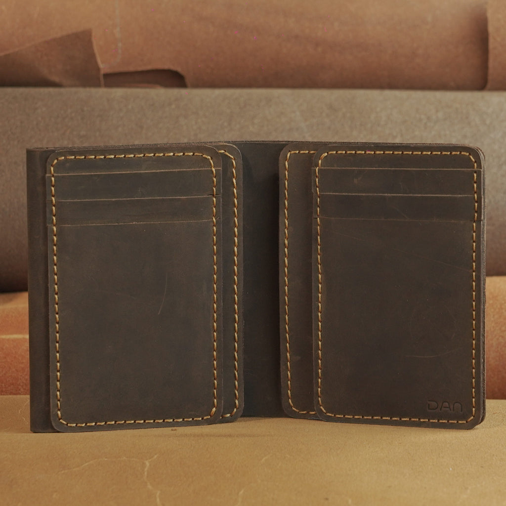 Vertical Waxed Leather Wallet with Flip-Out Card Panel