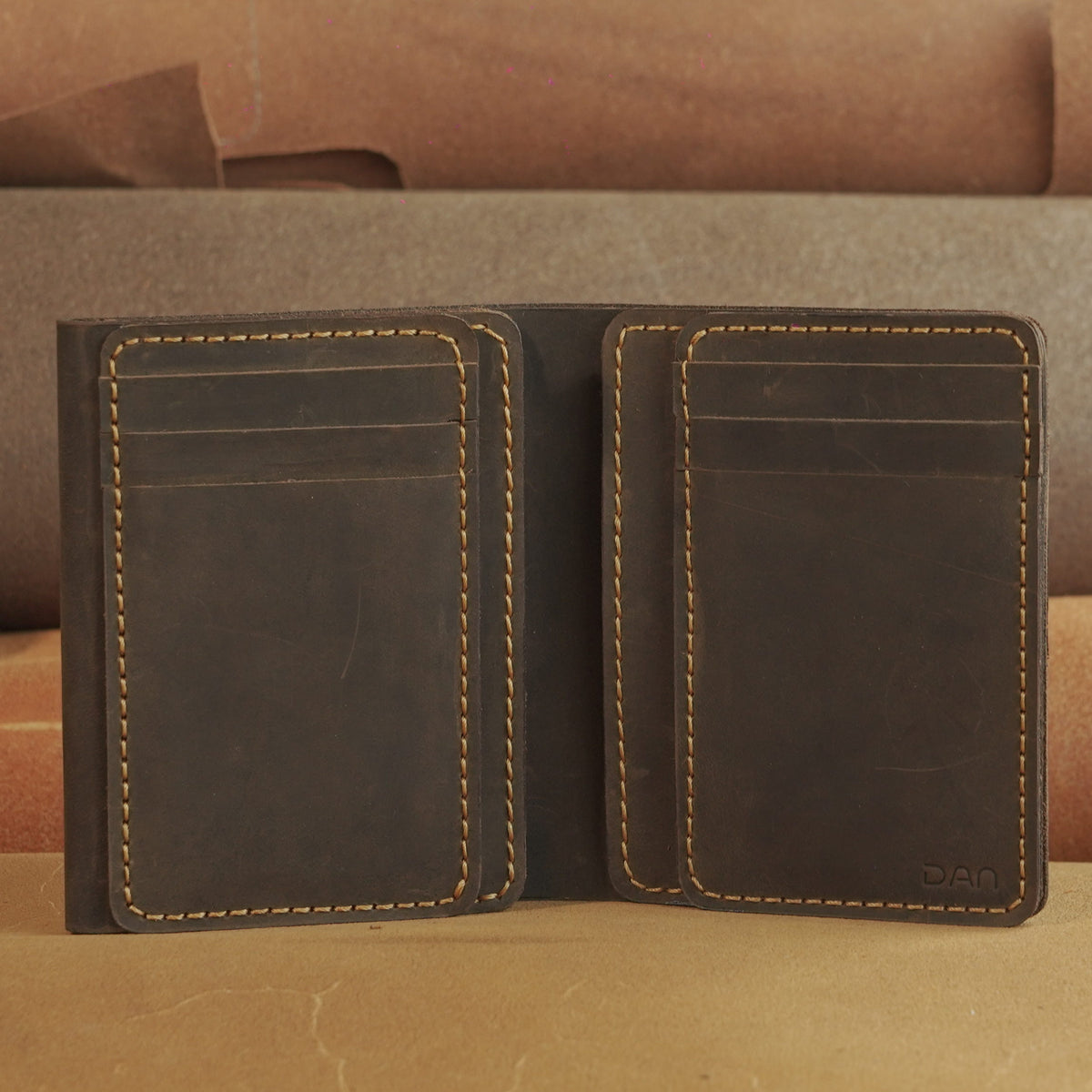 Vertical Waxed Leather Wallet with Flip-Out Card Panel