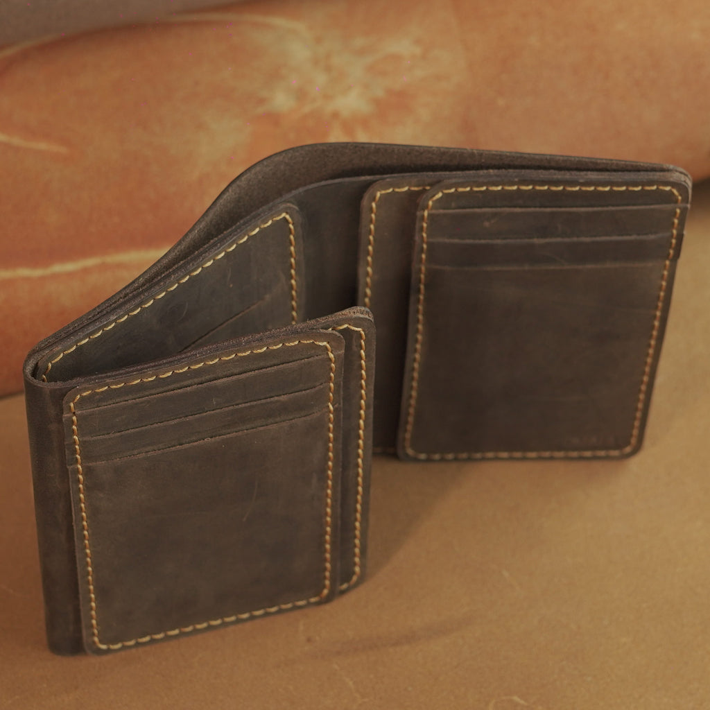 Vertical Waxed Leather Wallet with Flip-Out Card Panel