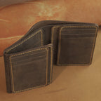 Vertical Waxed Leather Wallet with Flip-Out Card Panel