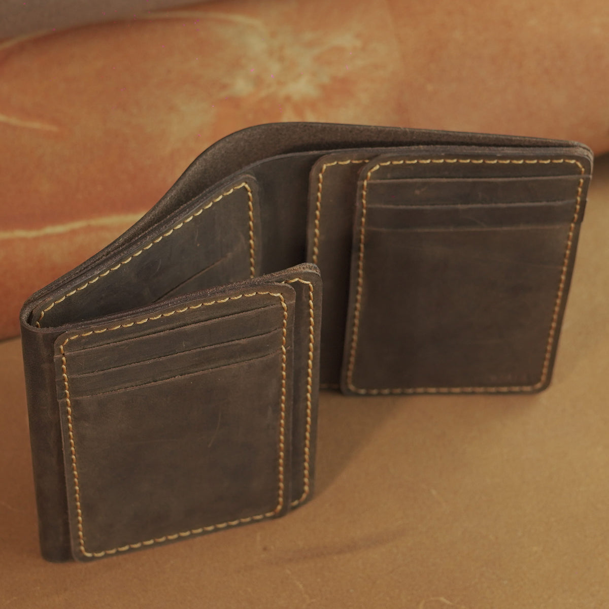 Vertical Waxed Leather Wallet with Flip-Out Card Panel