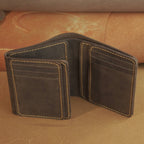 Vertical Waxed Leather Wallet with Flip-Out Card Panel