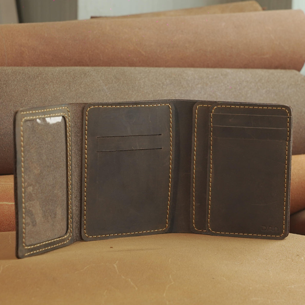 Vertical Waxed Leather Wallet with Flip-Out Card Panel