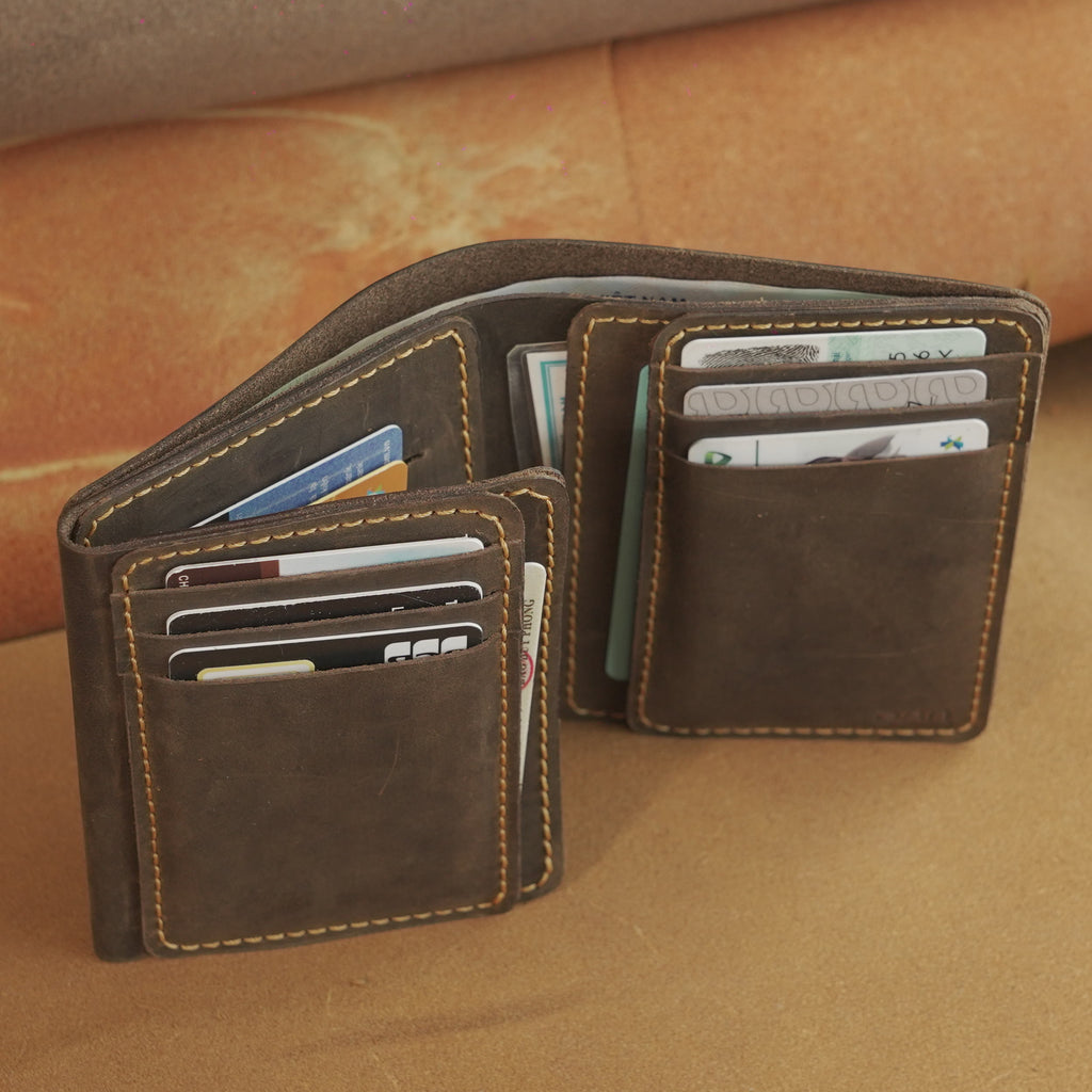 Vertical Waxed Leather Wallet with Flip-Out Card Panel