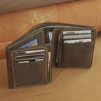 Vertical Waxed Leather Wallet with Flip-Out Card Panel