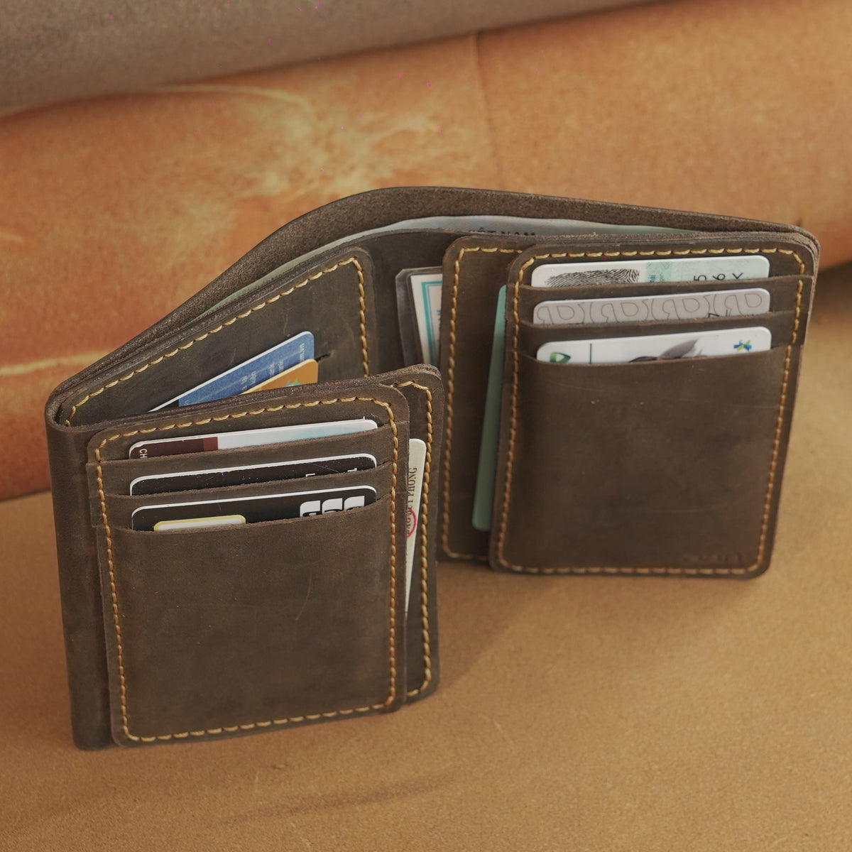 Vertical Waxed Leather Wallet with Flip-Out Card Panel