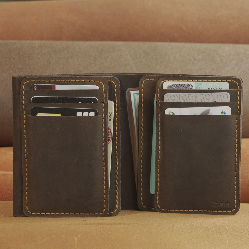 Vertical Waxed Leather Wallet with Flip-Out Card Panel