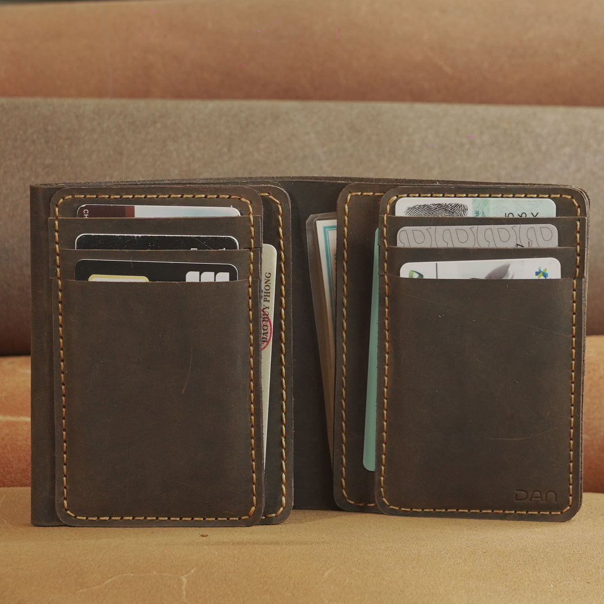 Vertical Waxed Leather Wallet with Flip-Out Card Panel