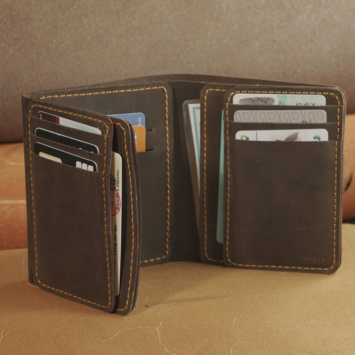Vertical Waxed Leather Wallet with Flip-Out Card Panel