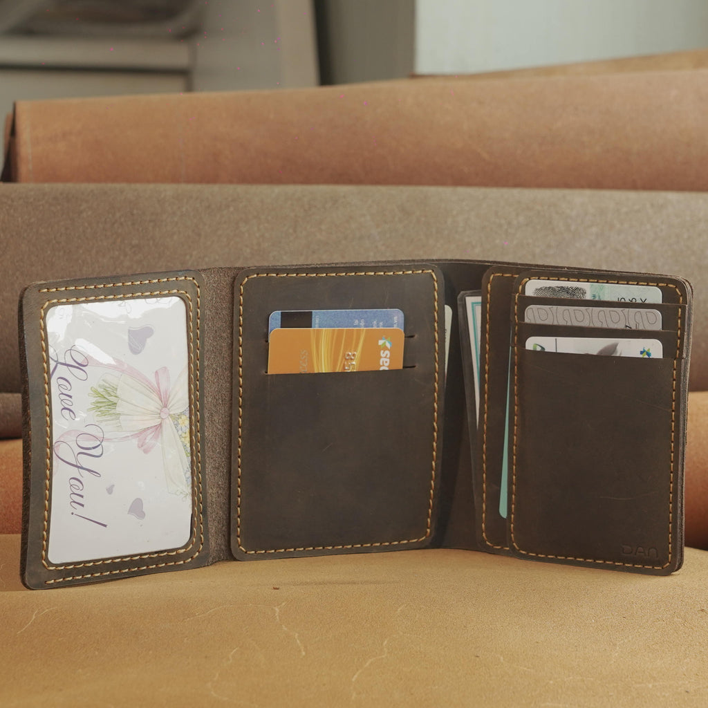 Vertical Waxed Leather Wallet with Flip-Out Card Panel