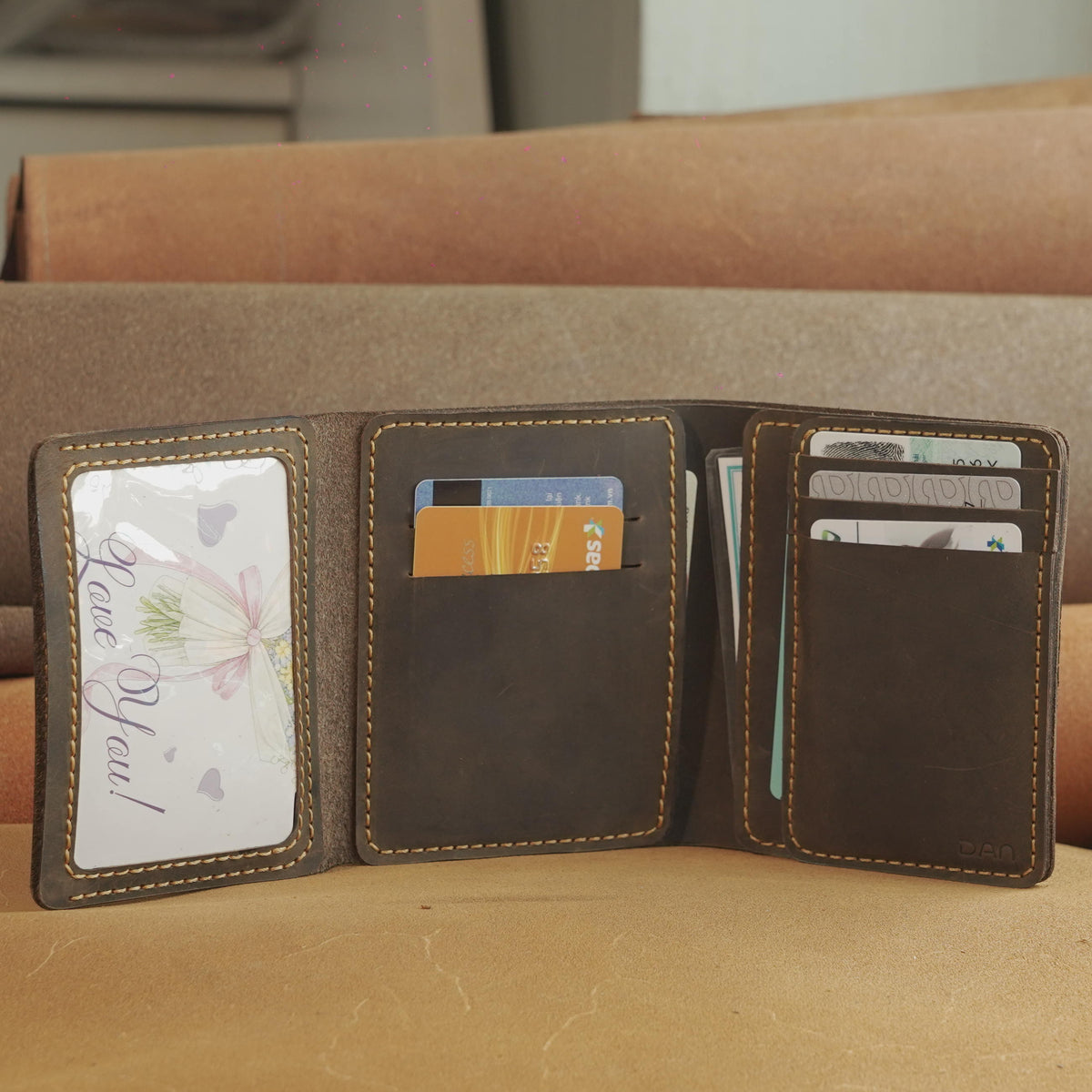 Vertical Waxed Leather Wallet with Flip-Out Card Panel