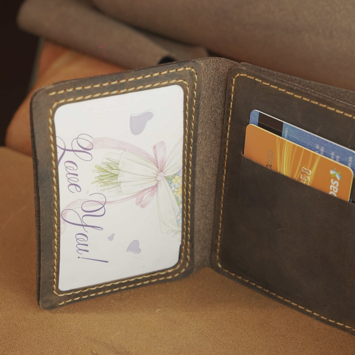 Vertical Waxed Leather Wallet with Flip-Out Card Panel