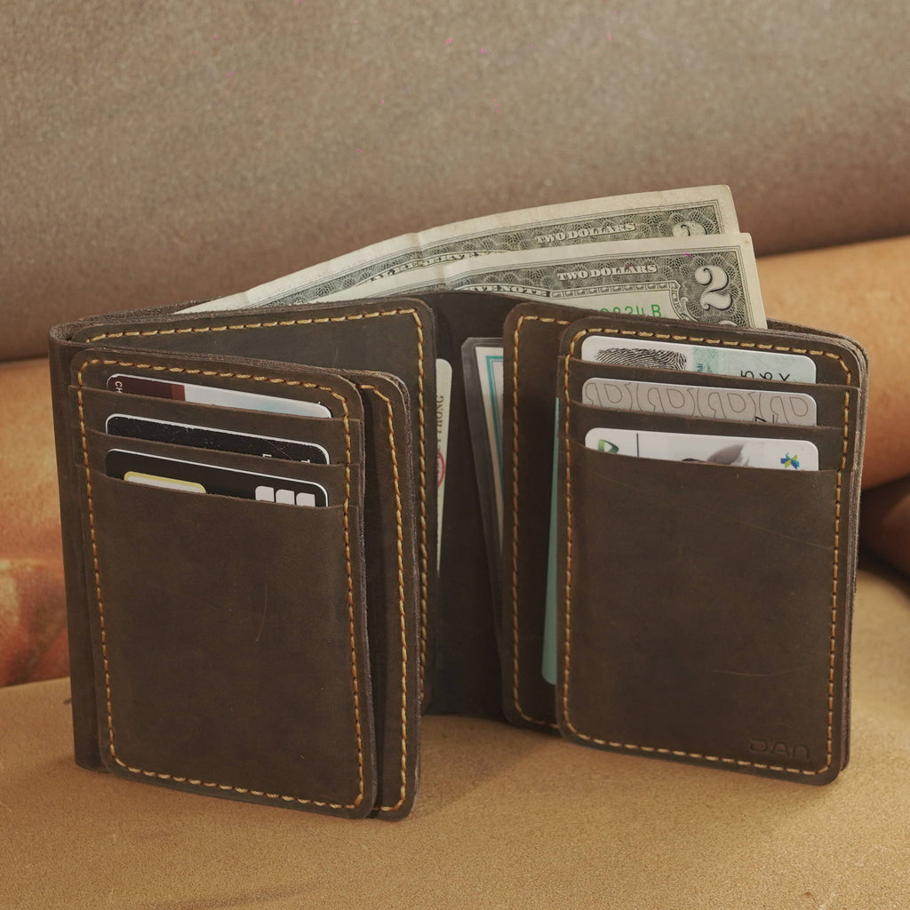Vertical Waxed Leather Wallet with Flip-Out Card Panel