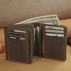 Vertical Waxed Leather Wallet with Flip-Out Card Panel