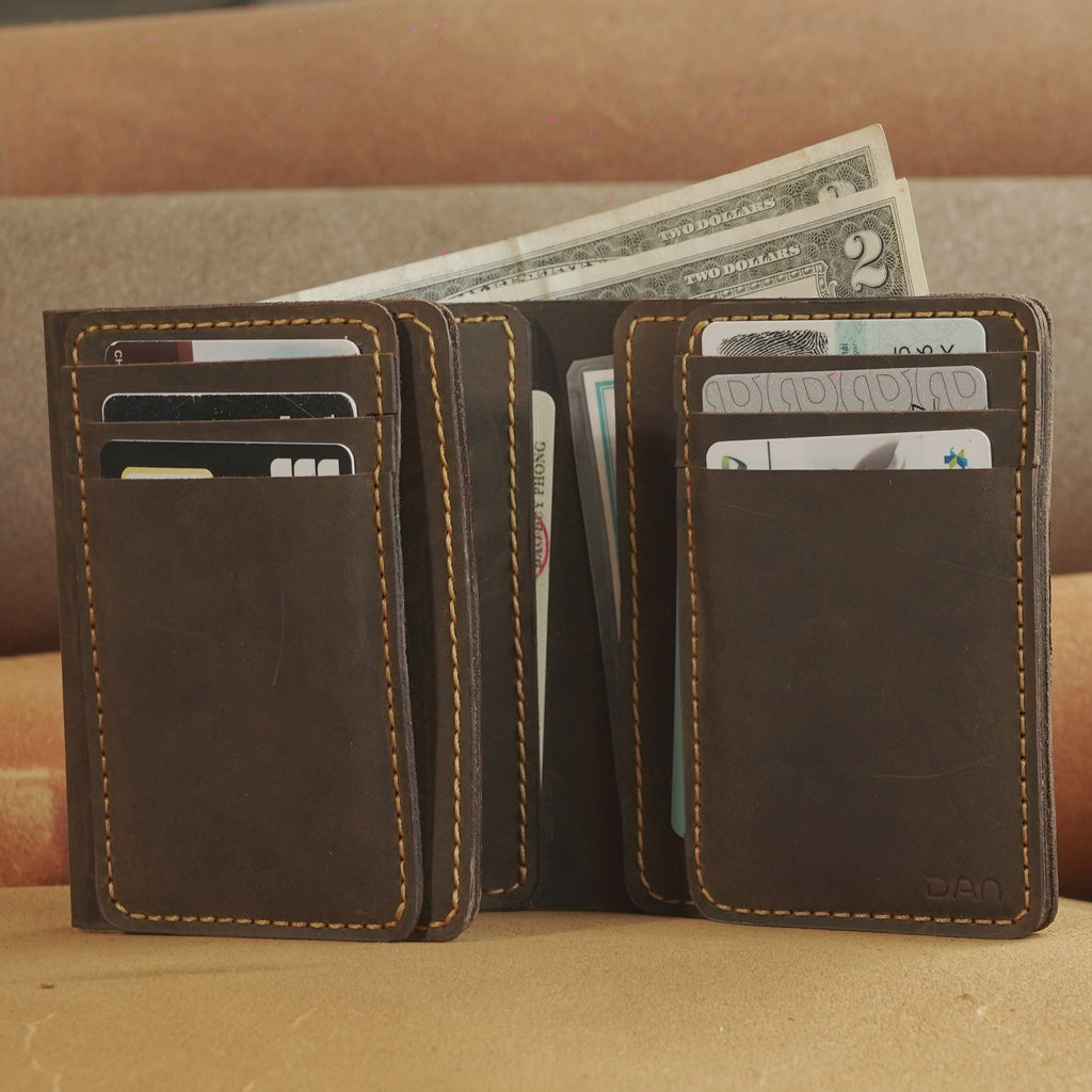 Vertical Waxed Leather Wallet with Flip-Out Card Panel