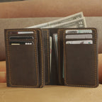Vertical Waxed Leather Wallet with Flip-Out Card Panel