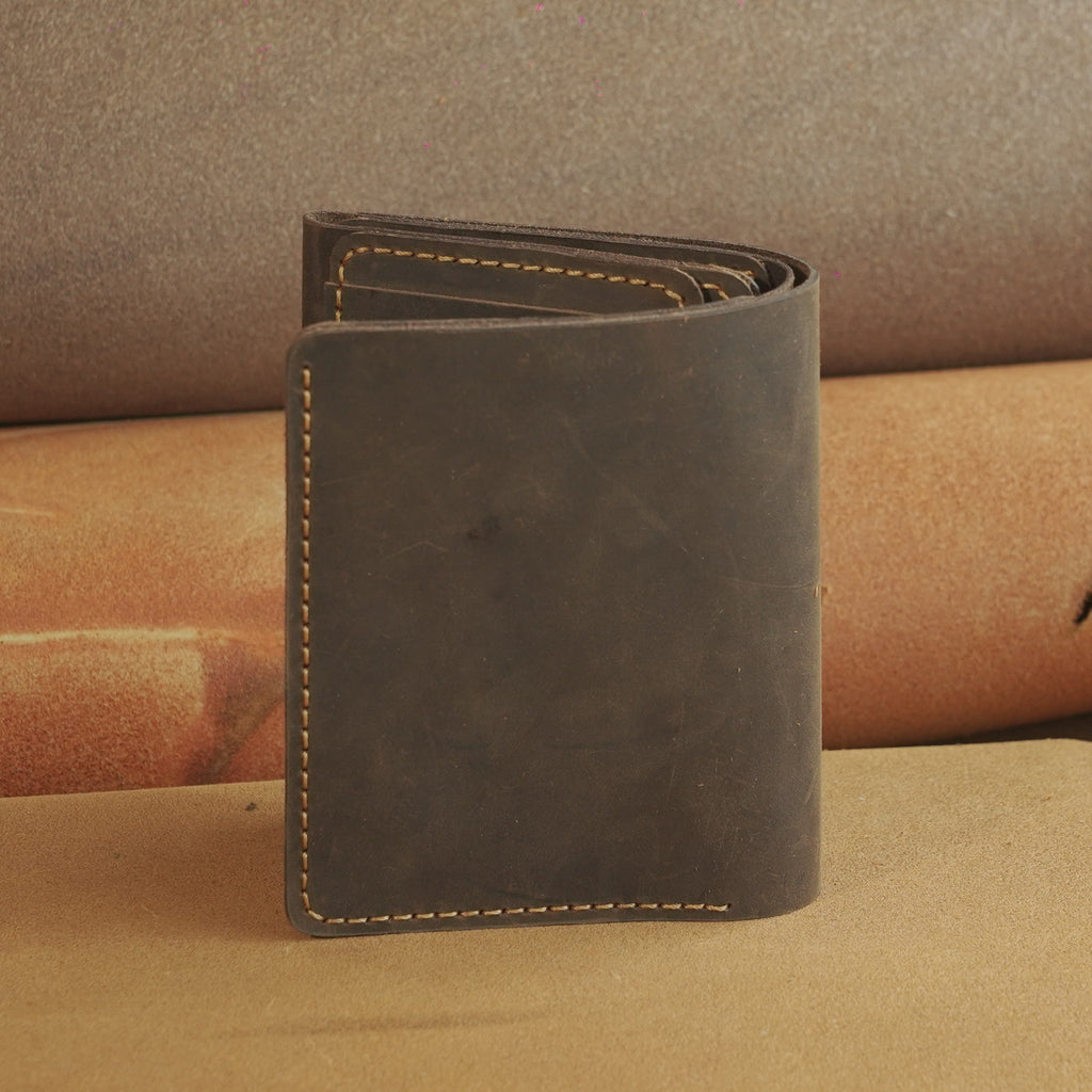 Vertical Waxed Leather Wallet with Flip-Out Card Panel
