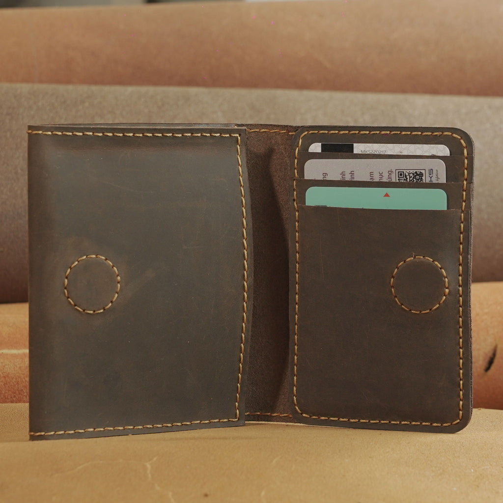 Mini Waxed Cowhide Card Wallet with Magnetic Snap and Cash Pocket