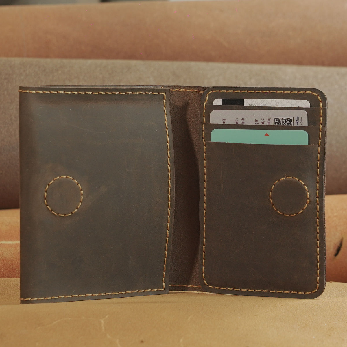 Mini Waxed Cowhide Card Wallet with Magnetic Snap and Cash Pocket