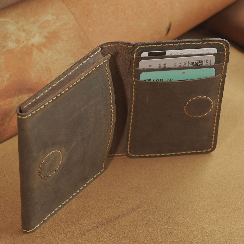 Mini Waxed Cowhide Card Wallet with Magnetic Snap and Cash Pocket