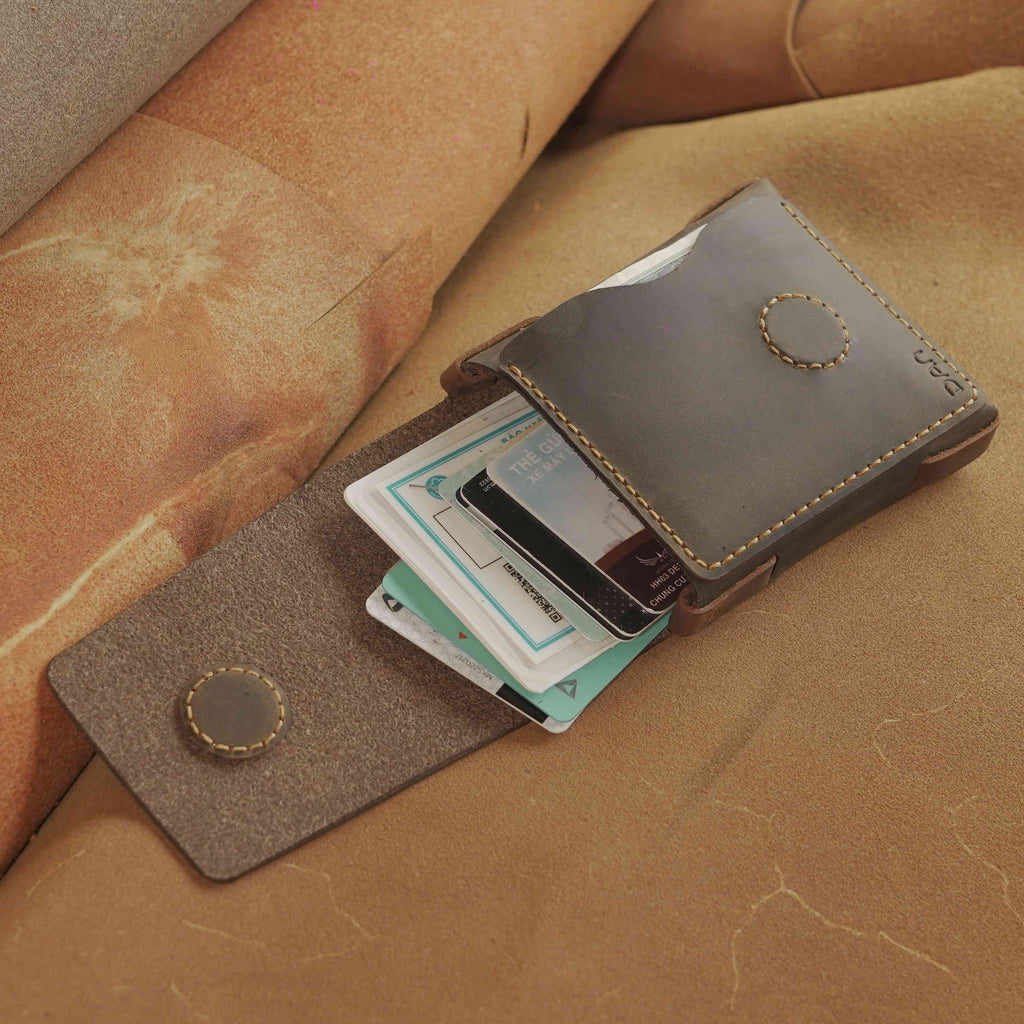Minimalist Leather Card Case with Cash Pocket, Hand-Laced Construction