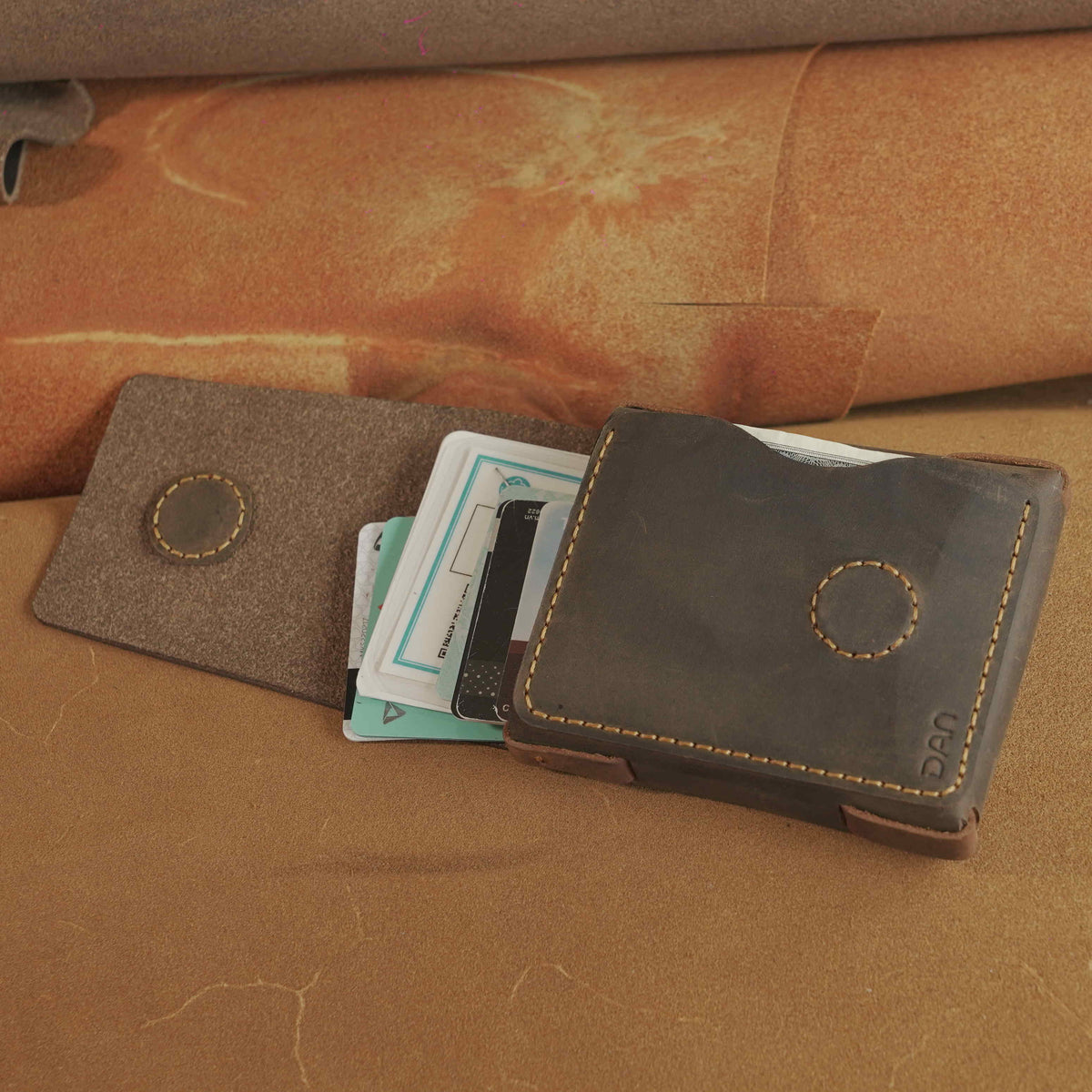 Minimalist Leather Card Case with Cash Pocket, Hand-Laced Construction