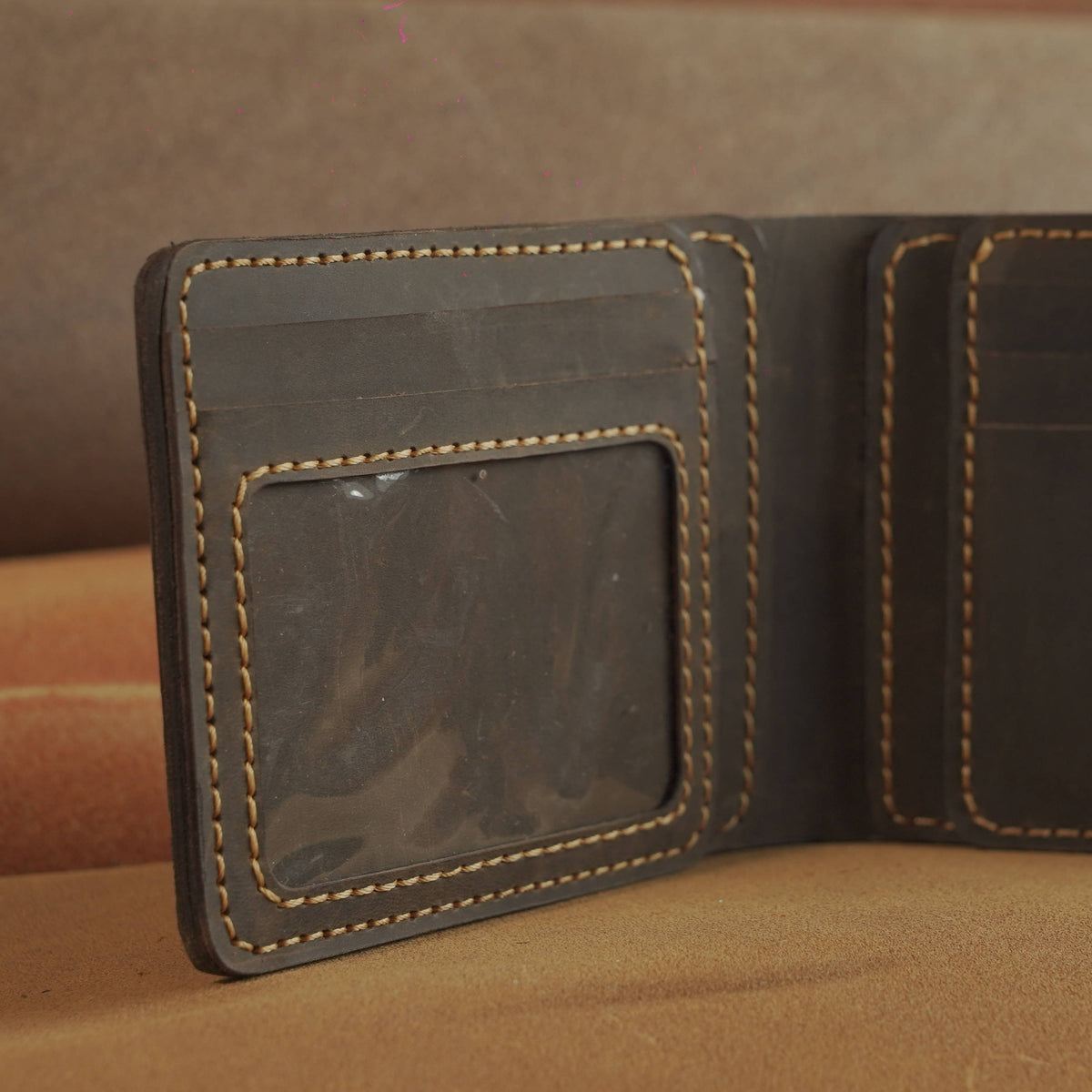 Waxed Cowhide Bifold Wallet with Photo Window
