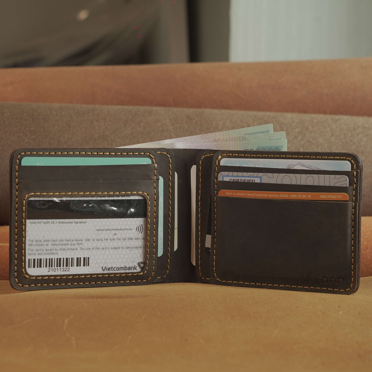 Waxed Cowhide Bifold Wallet with Photo Window