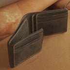 Waxed Leather Bifold Wallet with Flip-Out Card Panel