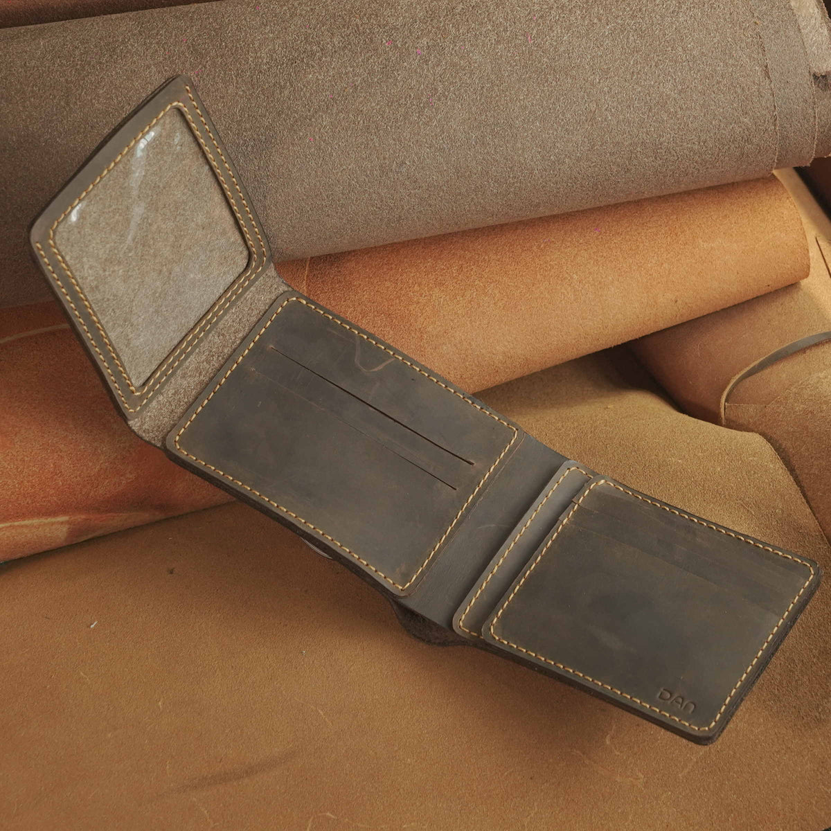 Waxed Leather Bifold Wallet with Flip-Out Card Panel