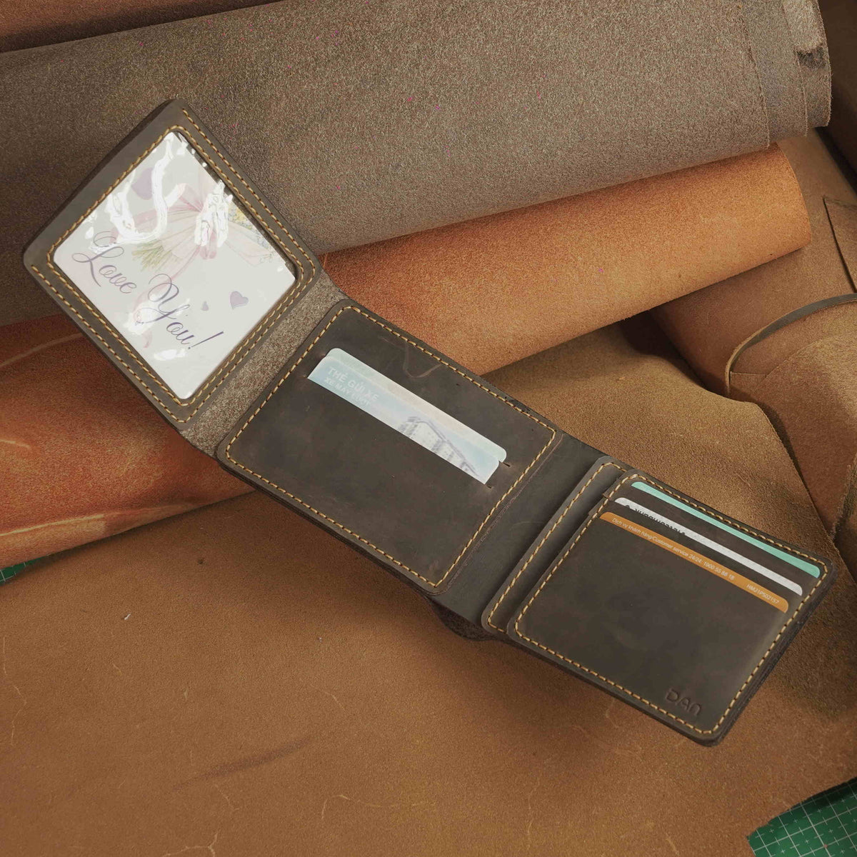 Waxed Leather Bifold Wallet with Flip-Out Card Panel