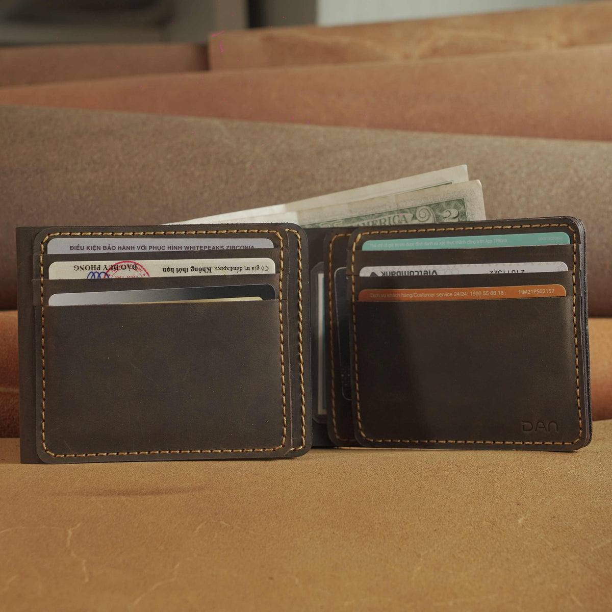 Waxed Leather Bifold Wallet with Flip-Out Card Panel