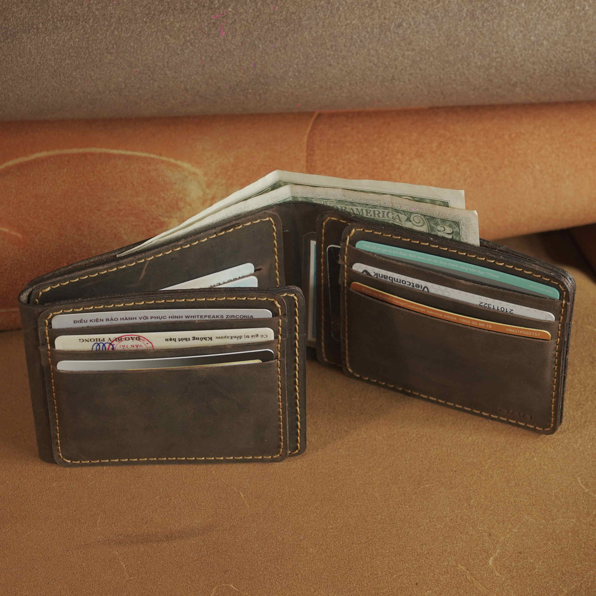 Waxed Leather Bifold Wallet with Flip-Out Card Panel