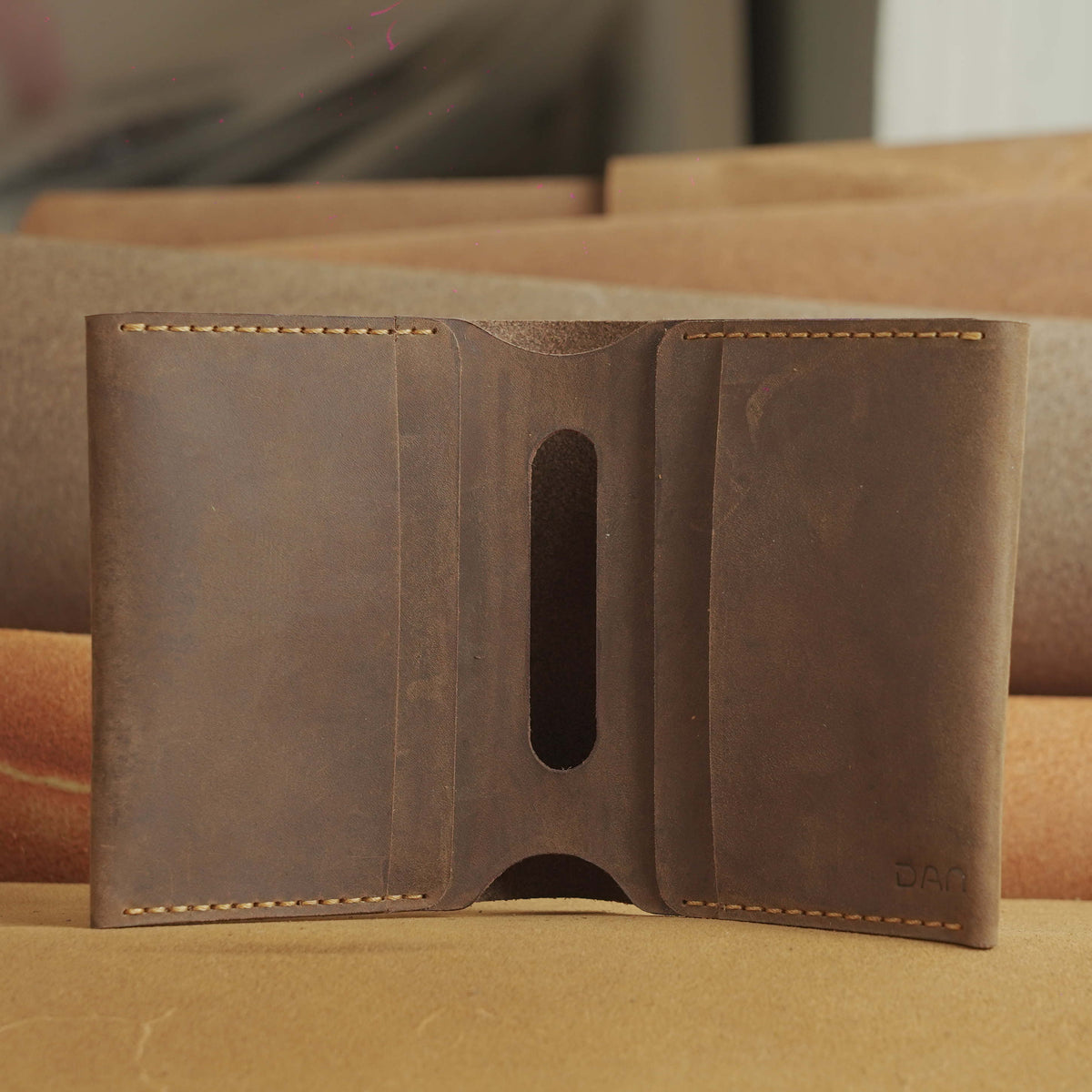 Compact Vertical Waxed Cowhide Wallet