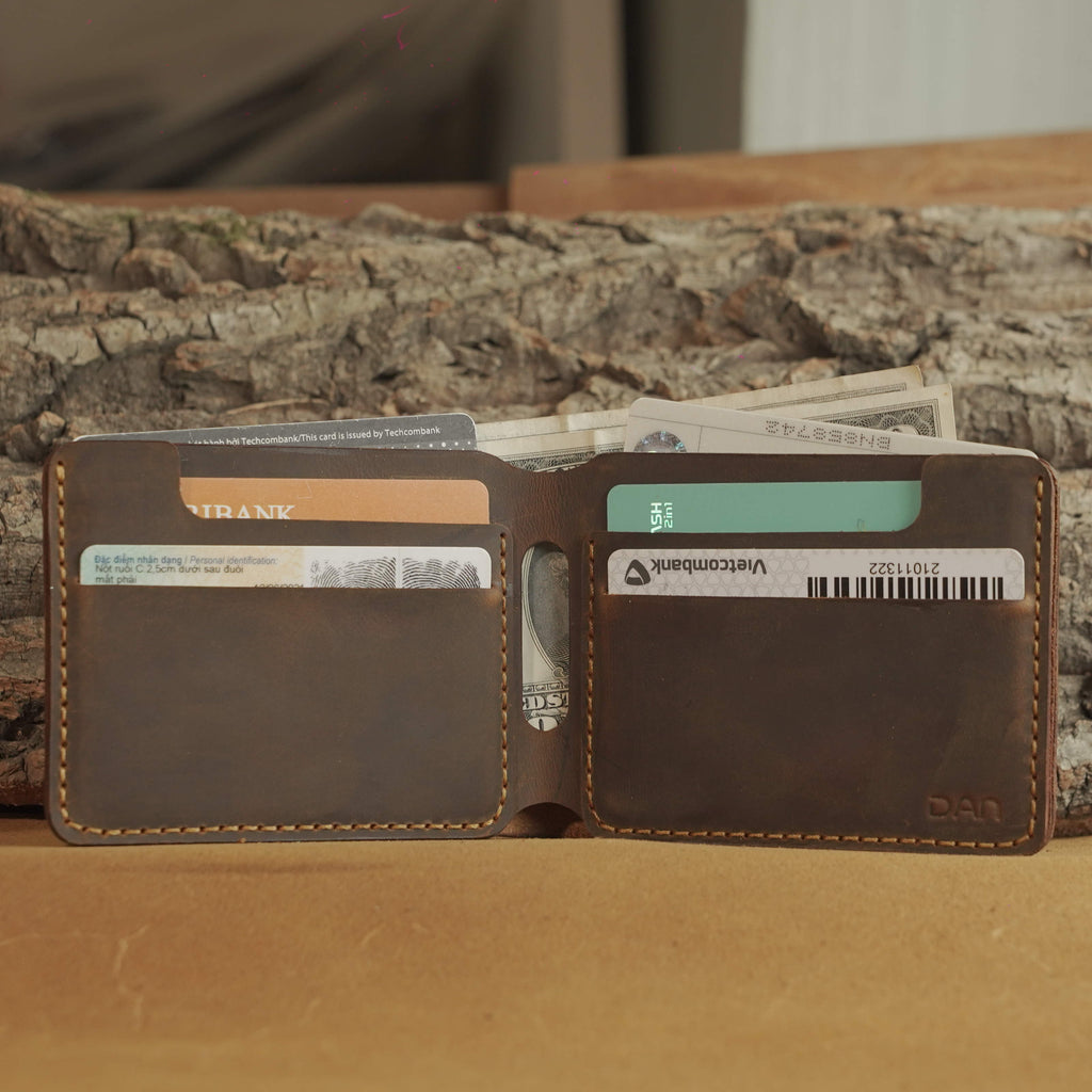 Hand-Stitched Waxed Cowhide Bifold Wallet with Hidden Card Slots