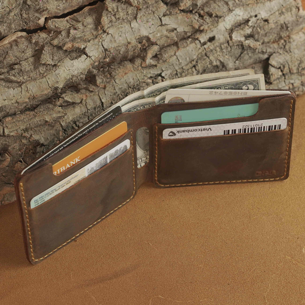 Hand-Stitched Waxed Cowhide Bifold Wallet with Hidden Card Slots