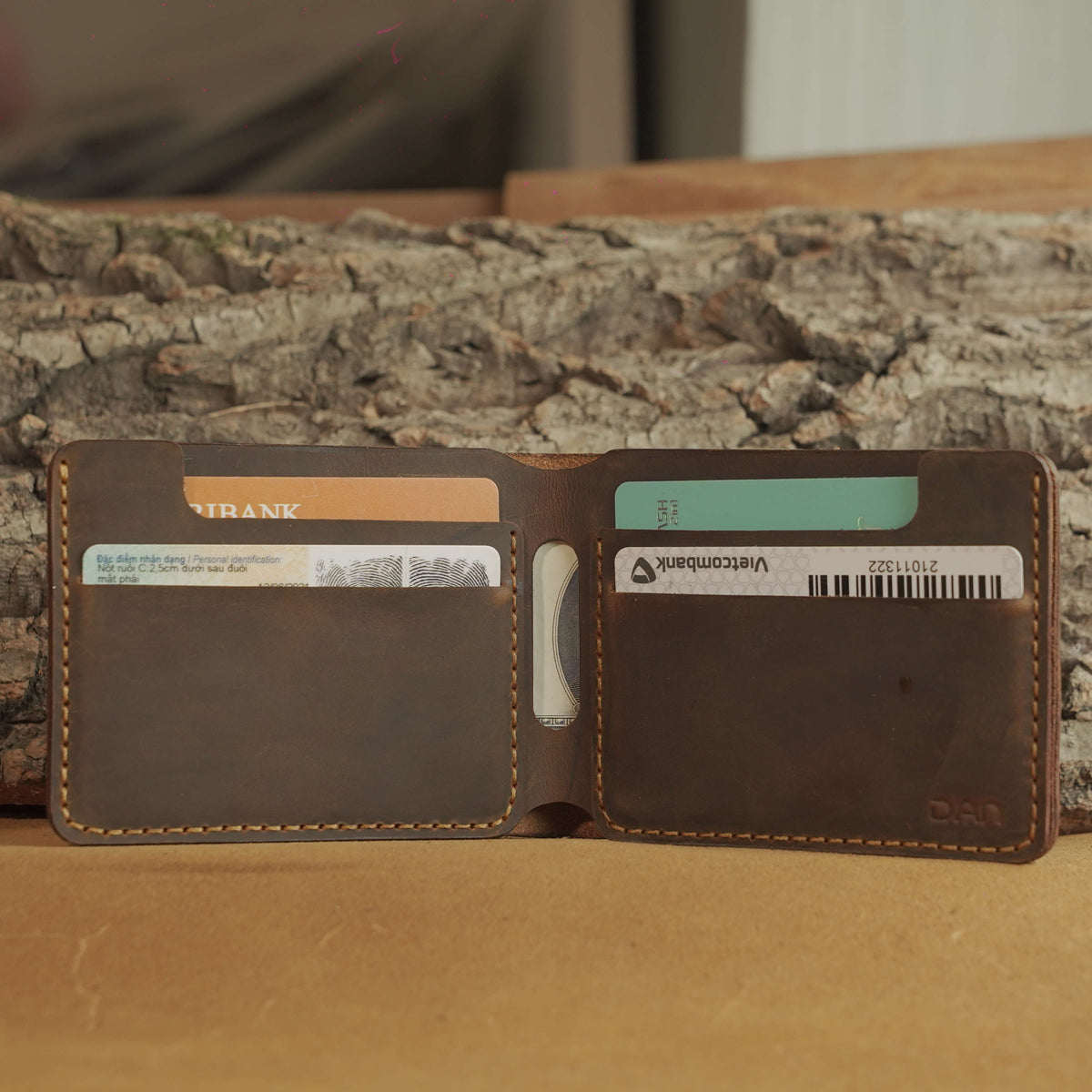 Hand-Stitched Waxed Cowhide Bifold Wallet with Hidden Card Slots