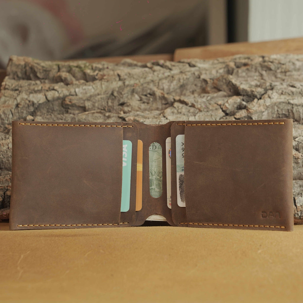 Waxed Leather Bifold Wallet, Minimalist Folded-Pocket Design