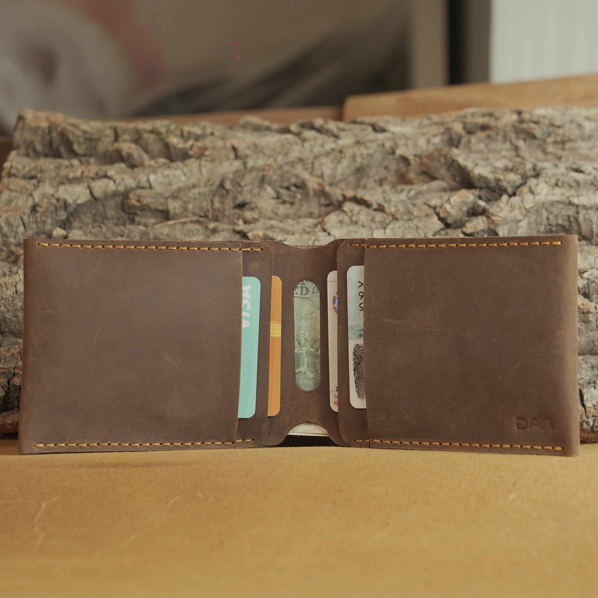 Waxed Leather Bifold Wallet, Minimalist Folded-Pocket Design