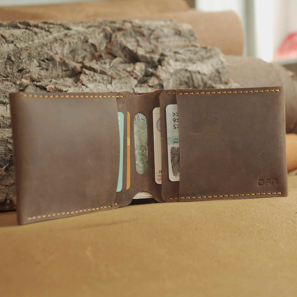 Waxed Leather Bifold Wallet, Minimalist Folded-Pocket Design