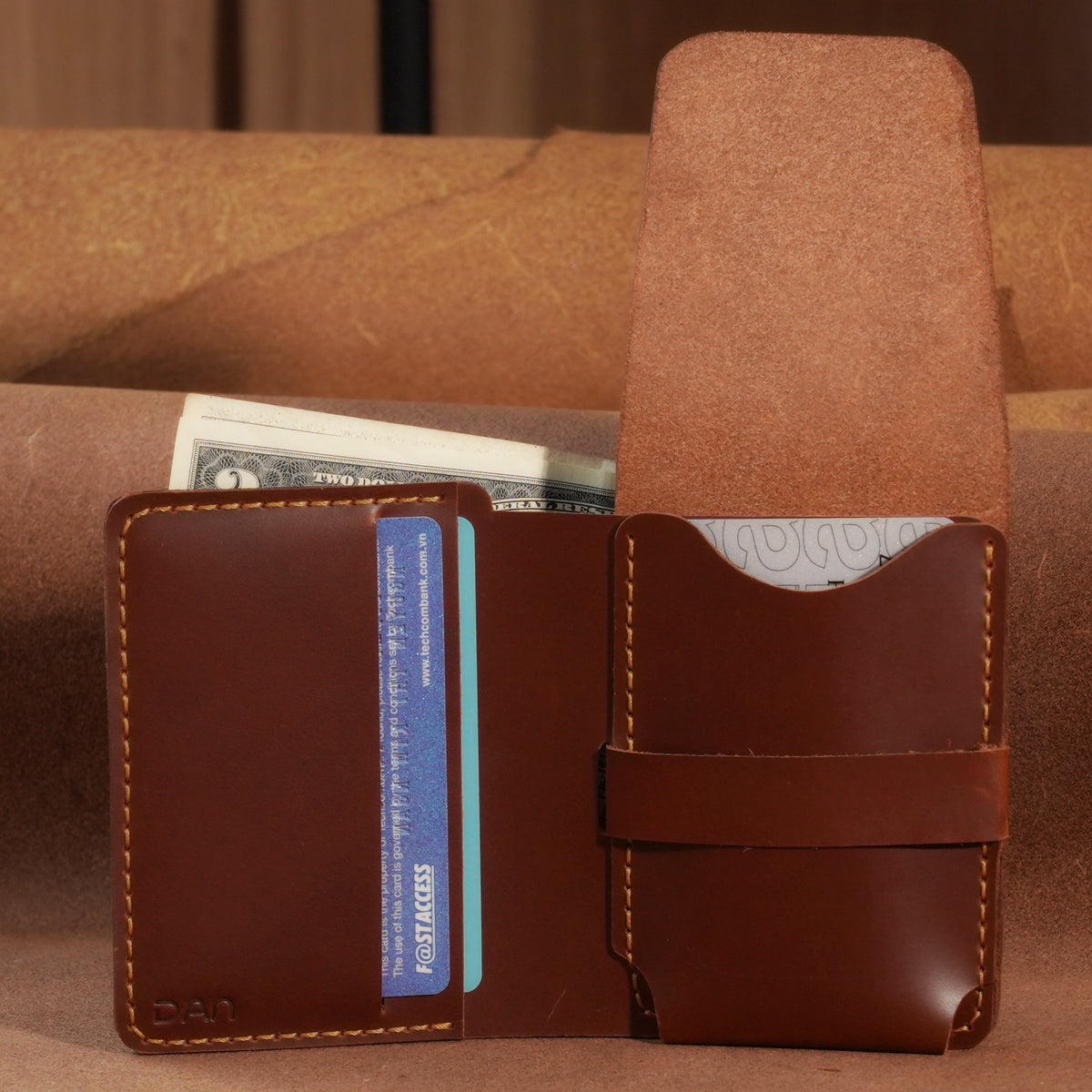 Vertical Cowhide Bifold Wallet with Flap Pocket