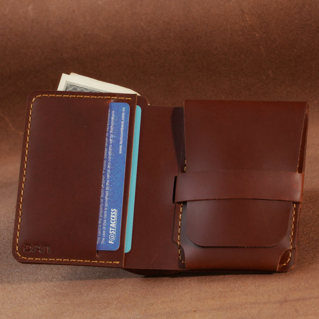 Vertical Cowhide Bifold Wallet with Flap Pocket