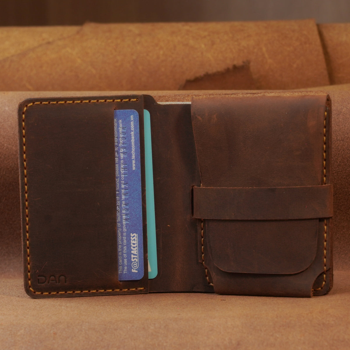 Vertical Cowhide Bifold Wallet with Flap Pocket