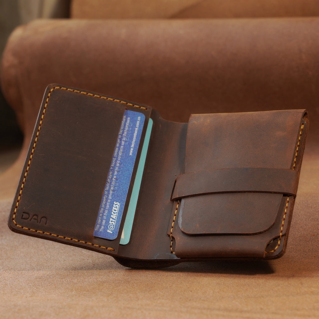 Vertical Cowhide Bifold Wallet with Flap Pocket