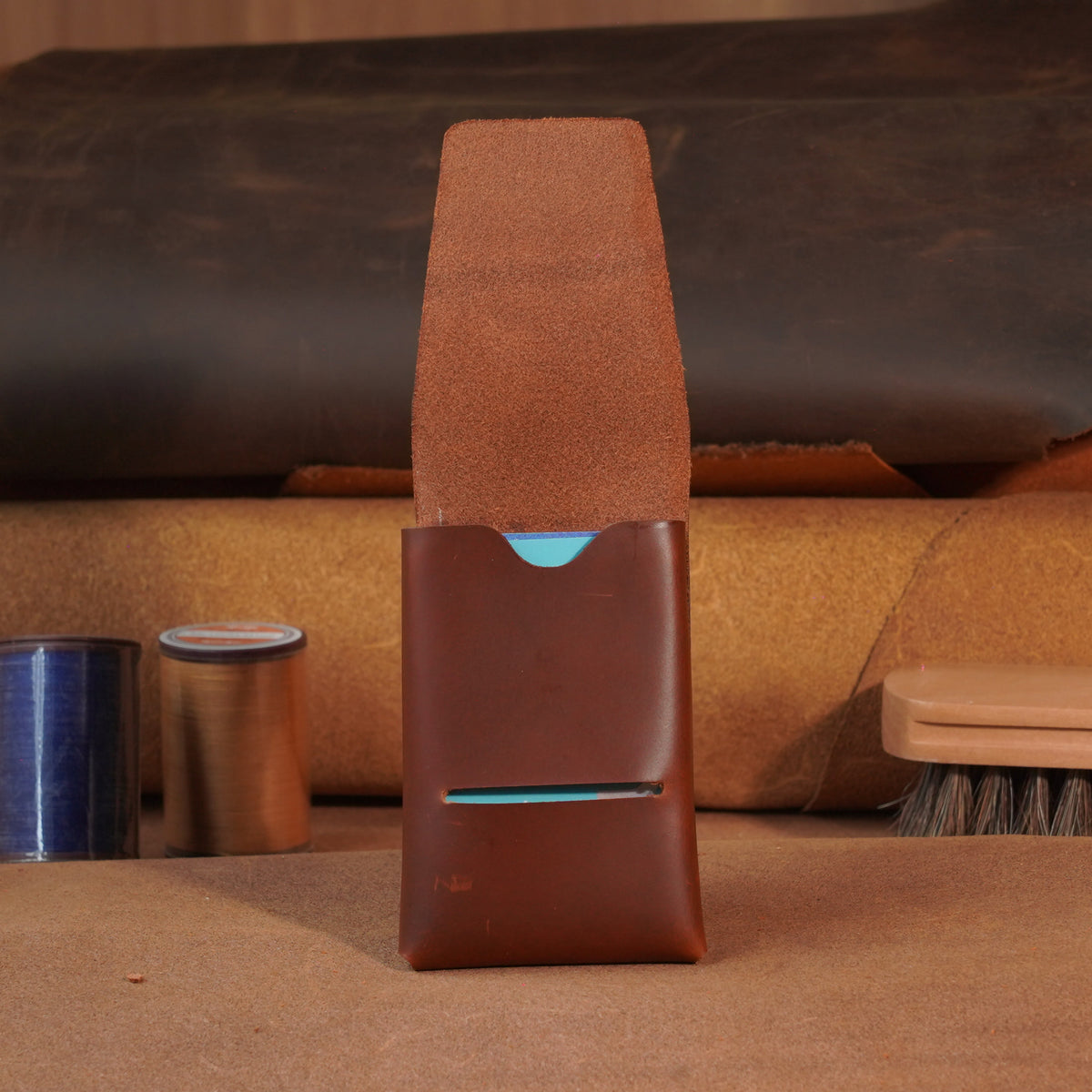 Compact Leather Card Wallet with Tuck-Flap Closure