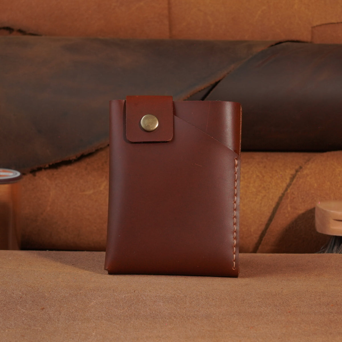 Compact Leather Card Wallet with Snap-Button Strap