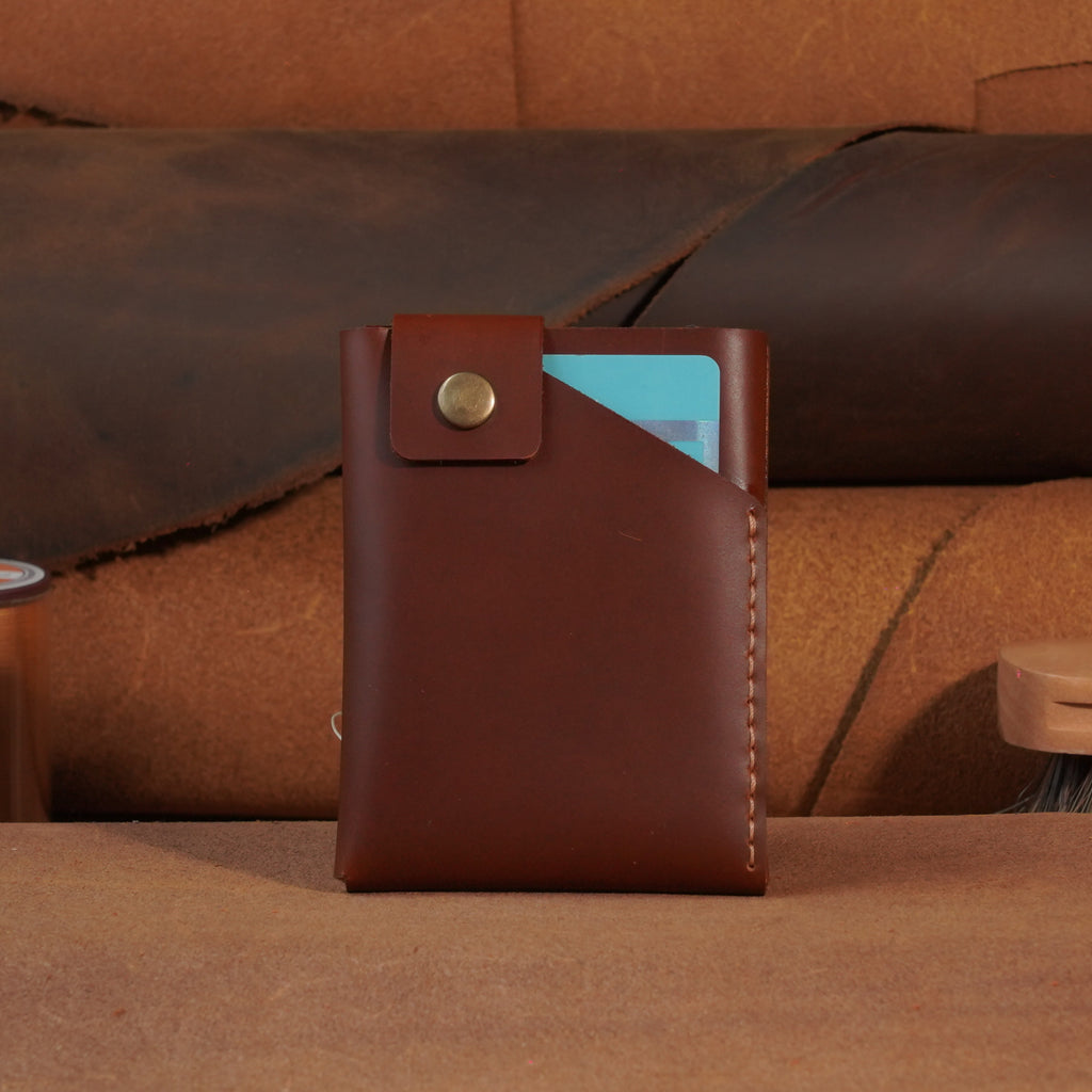 Compact Leather Card Wallet with Snap-Button Strap