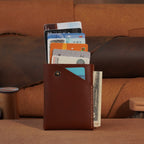 Compact Leather Card Wallet with Snap-Button Strap