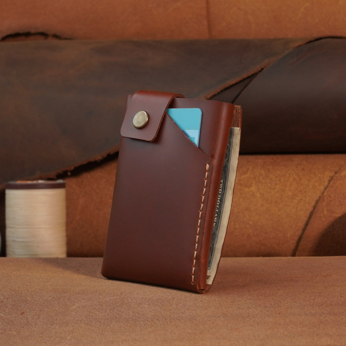 Compact Leather Card Wallet with Snap-Button Strap