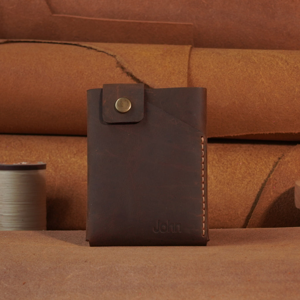 Compact Leather Card Wallet with Snap-Button Strap